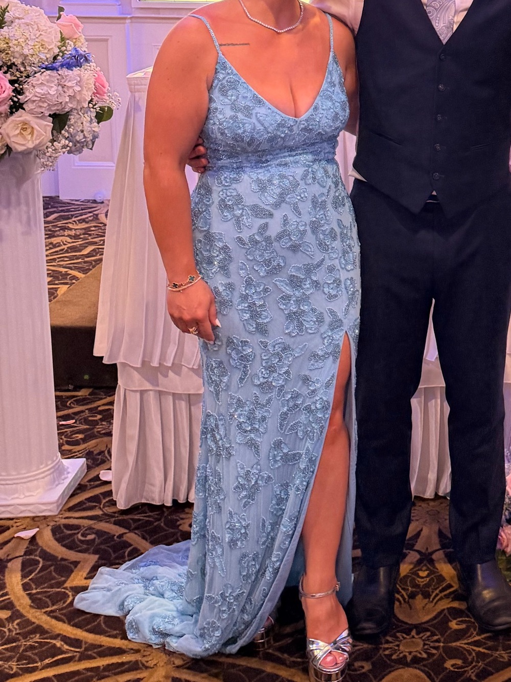 Light Blue Embroidered Spaghetti-Strap Evening Dress